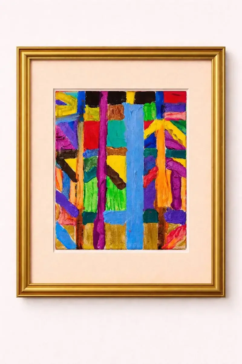 A geometric abstract painting by Jude Neale with vertical colour fields in red, blue, green and gold.