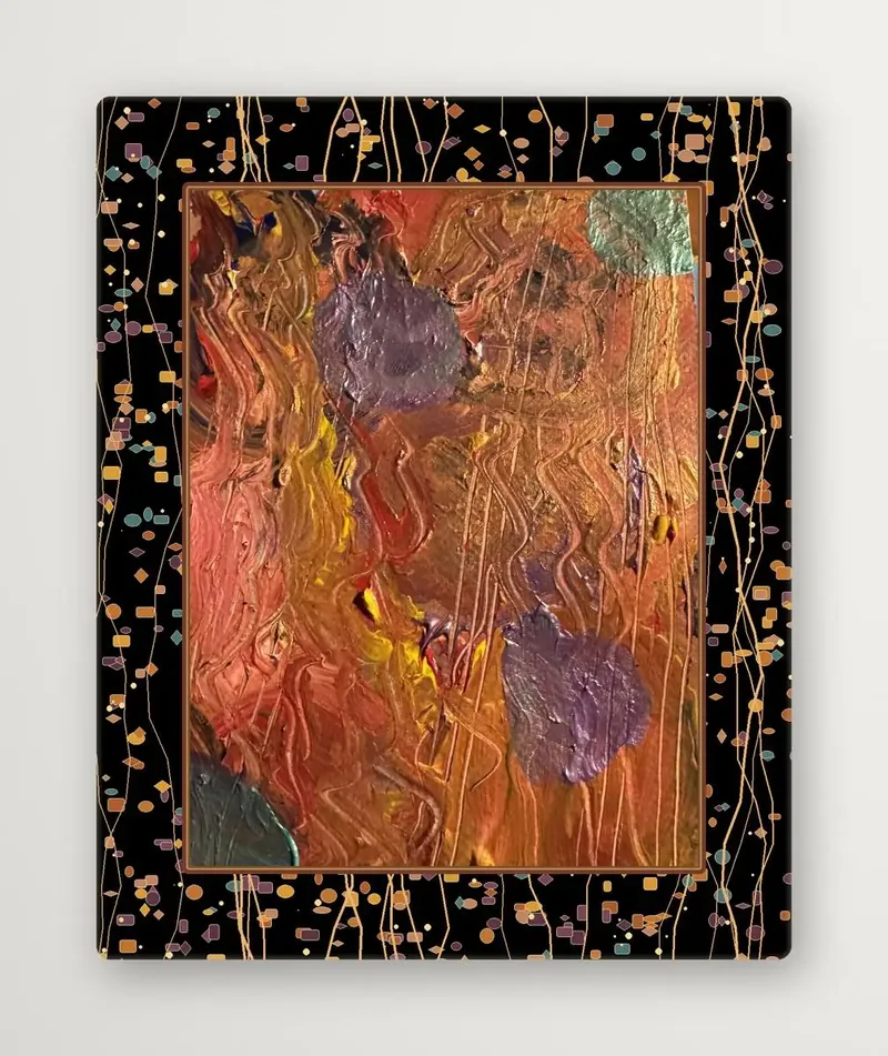 A tactile copper and plum abstract painting by Jude Neale with scratched, layered textures.