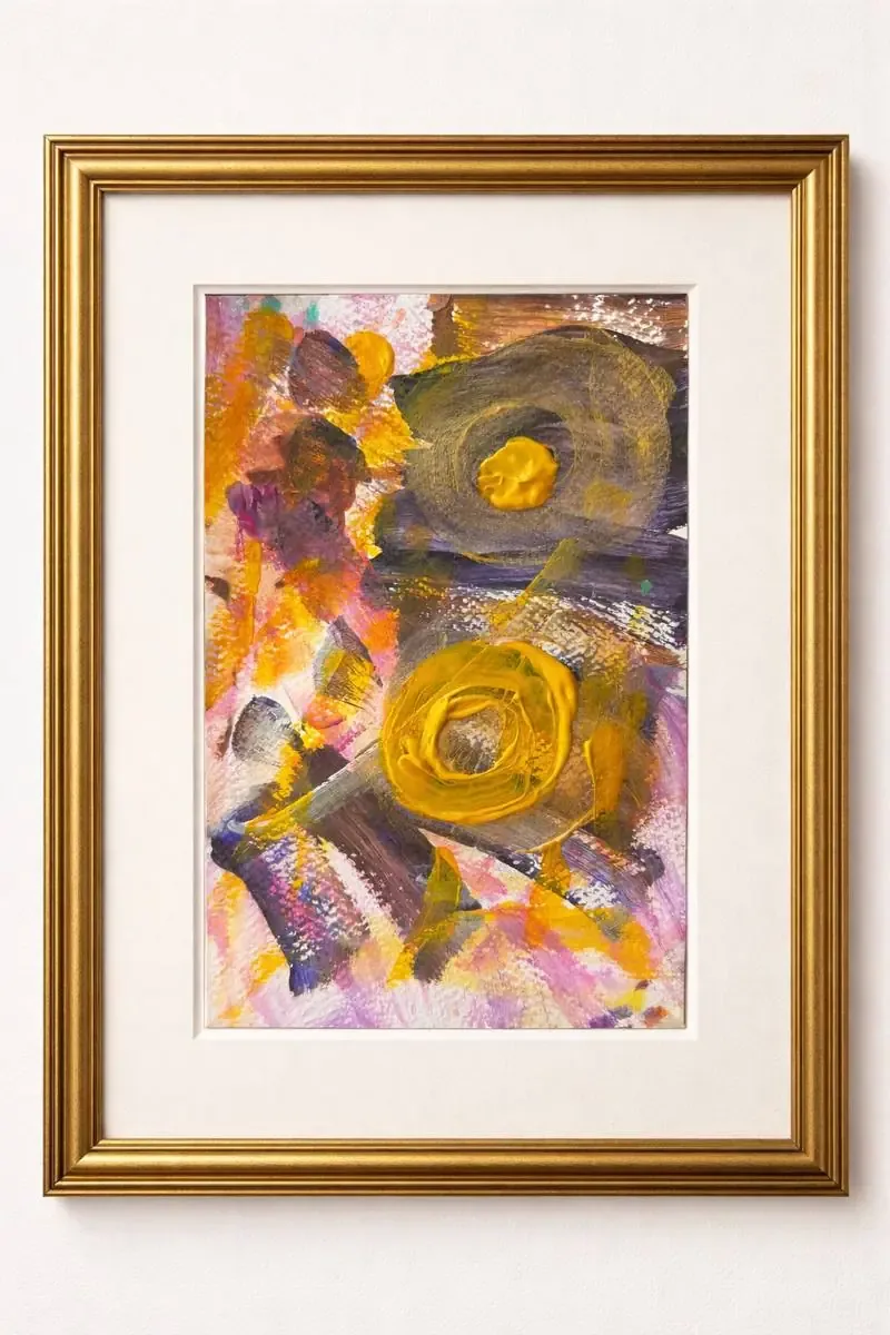 An abstract painting by Jude Neale in ochre, violet and cream, with layered circular forms.