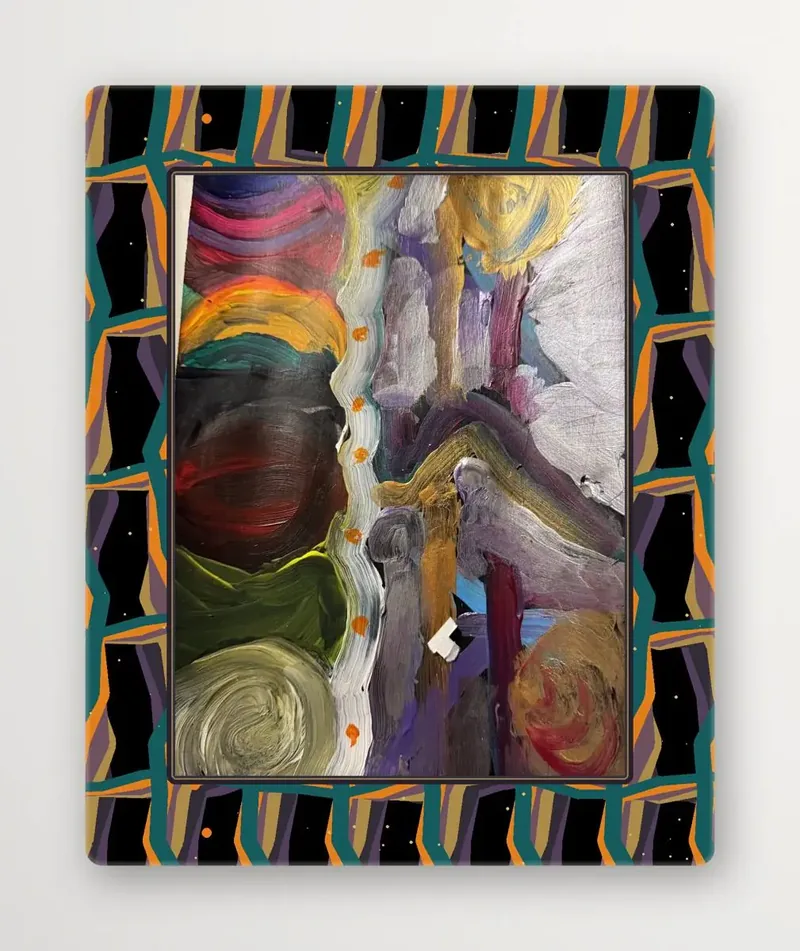 An abstract painting by Jude Neale with a dark central field, richly coloured borders and window-like geometry.