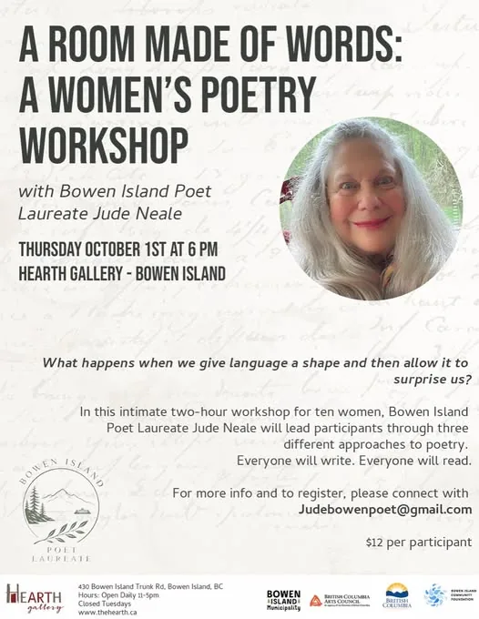 Poster for A Room Made of Words, a women’s poetry workshop with Jude Neale at Hearth Gallery.