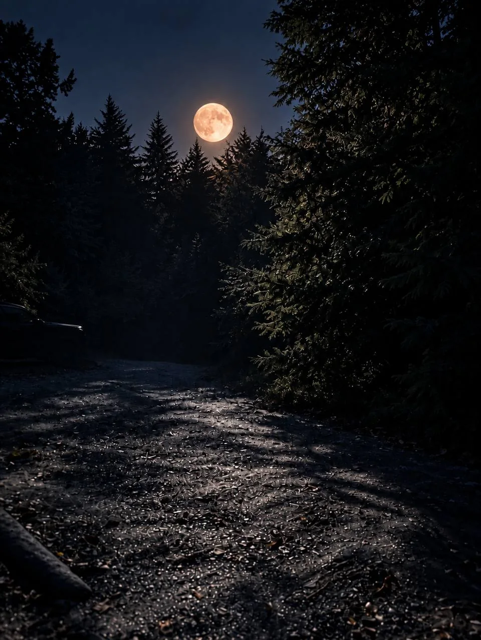 A full moon suspended between dark fir trees, casting silver light across a wet Bowen Island road.